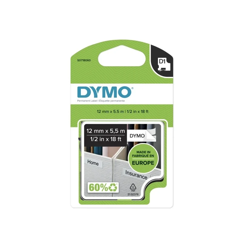 Dymo Black on White Label Printer Tape 12 mm Width, 5.5 m Tape Length, 7 m Label Length S0718060