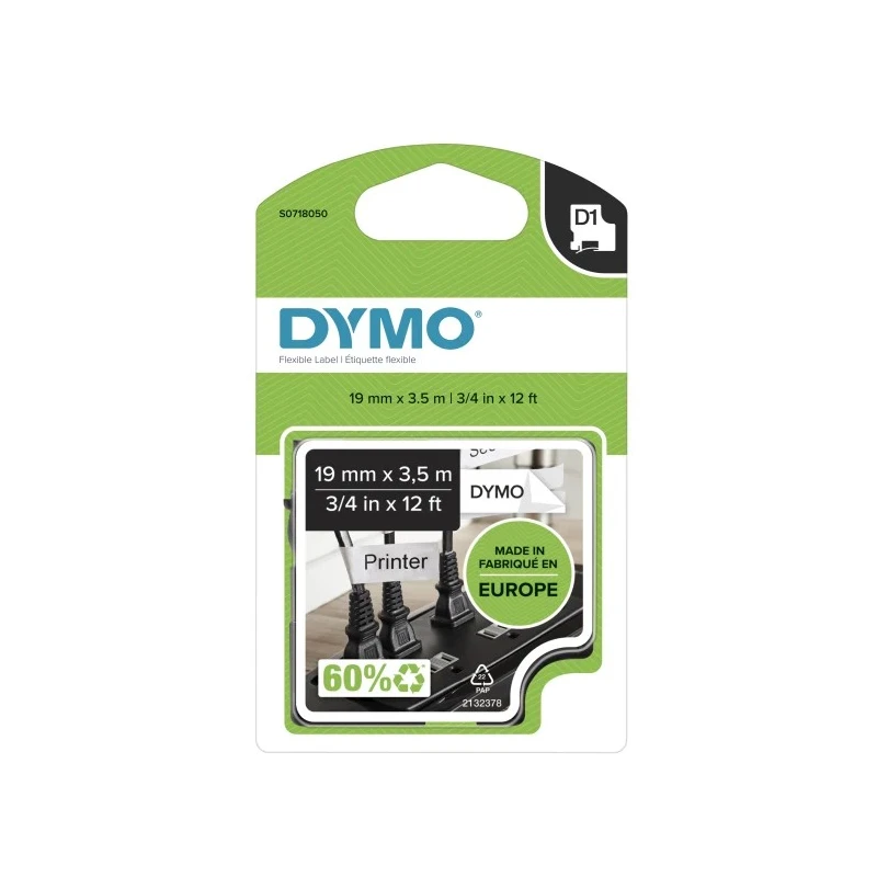Dymo Black on White Label Printer Tape, 19 mm Width, 3.5 m Tape Length, 7 m Label Length S0718050