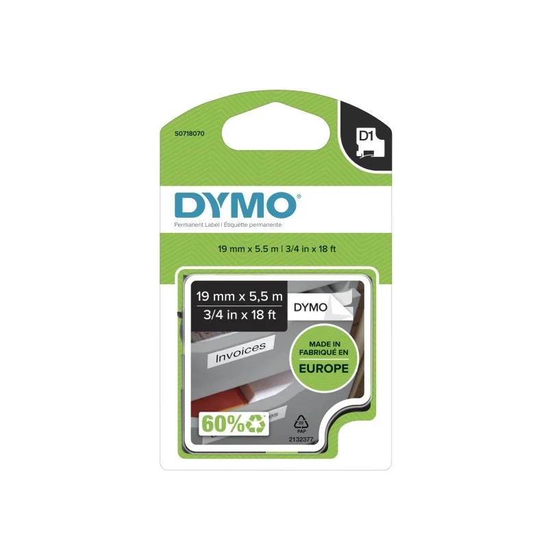 Dymo Black on White Label Printer Tape 19 mm Width 5.5 m Tape Length S0718070