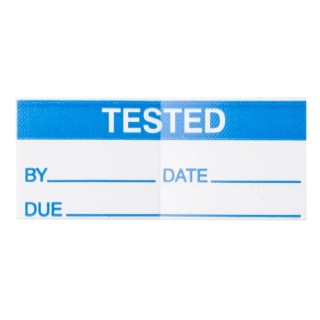RS PRO Pre-Printed Adhesive Label 38mm x 16mm Blue Text 'Tested' White Background 140 Per Pack 450-6085
