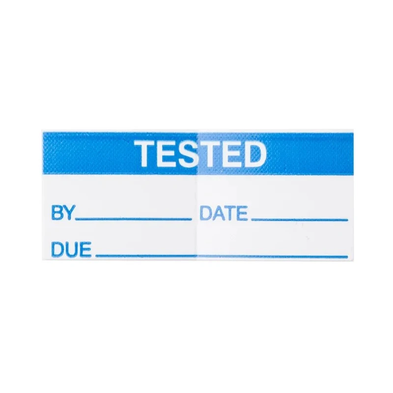 RS PRO Pre-Printed Adhesive Label 38mm x 16mm Blue Text 'Tested' White Background 140 Per Pack 450-6085