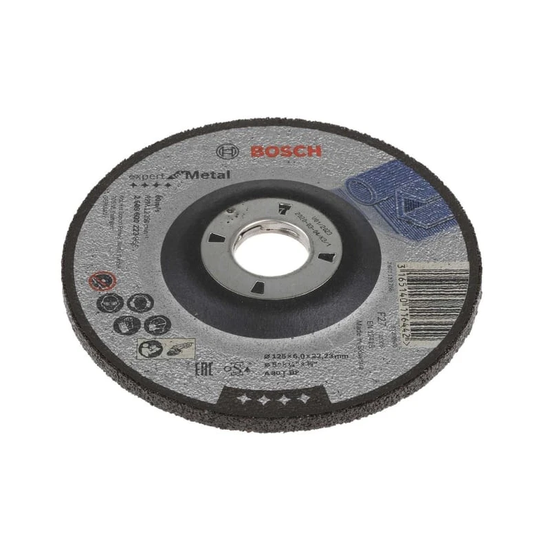 Bosch Aluminium Oxide Abrasive Wheel 125mm Diameter, P30 Grit, Medium Grade, 6mm Thickness, Expert for Metal 2608600223