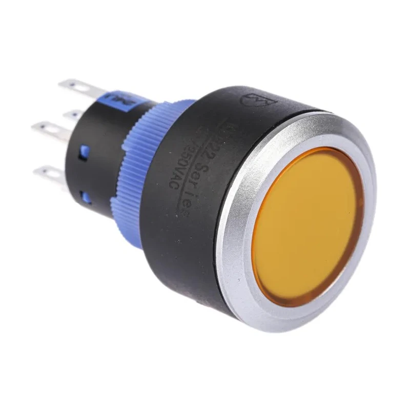 RS PRO Illuminated Momentary Push Button Switch Panel Mount DPDT Yellow LED IP65 22.2 mm Cutout 250 V AC 175-8223