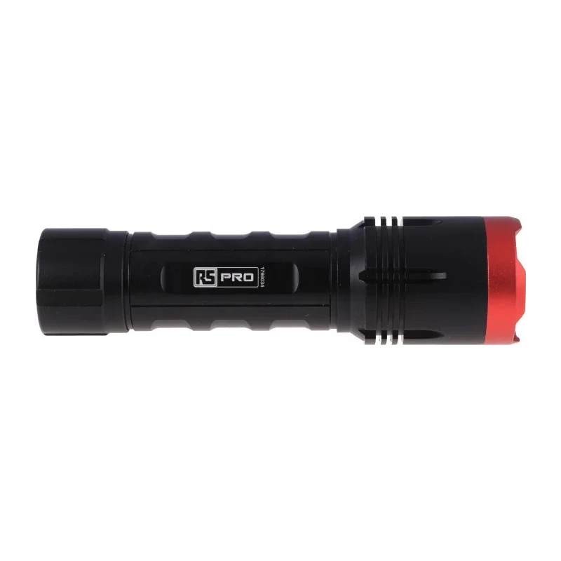 RS PRO 1400 Lumen LED Torch Black Aluminium Housing Spot and Flood Beam 6 AA Batteries 174mm 176-6034