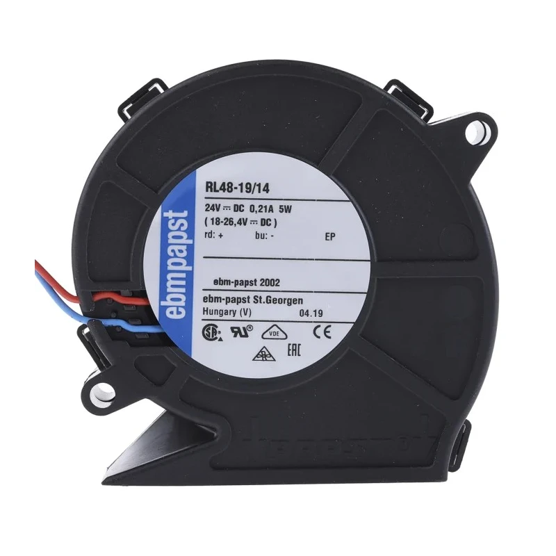ebm-papst RL 48 Series Centrifugal Fan 24V DC, 28 m³/h Airflow, 4400 RPM, Ball Bearing, 75.5 mm x 75.2 mm x 27 mm RL48-19/14