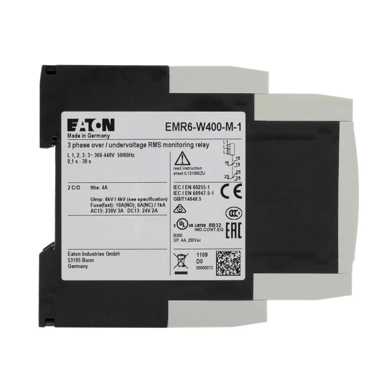 Eaton Monitoring Relay, 250 to 400 V AC Voltage Monitor Range, 2 CO Contacts, DIN Rail Mount, 400V AC 0 184778 EMR6-W400-M-1