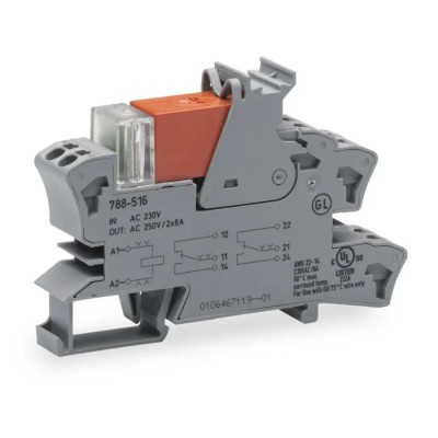WAGO Electromechanical Interface Relay, DIN Rail Mount, 24V ac Coil, DPDT Contact Configuration, Silver Alloy 788-512
