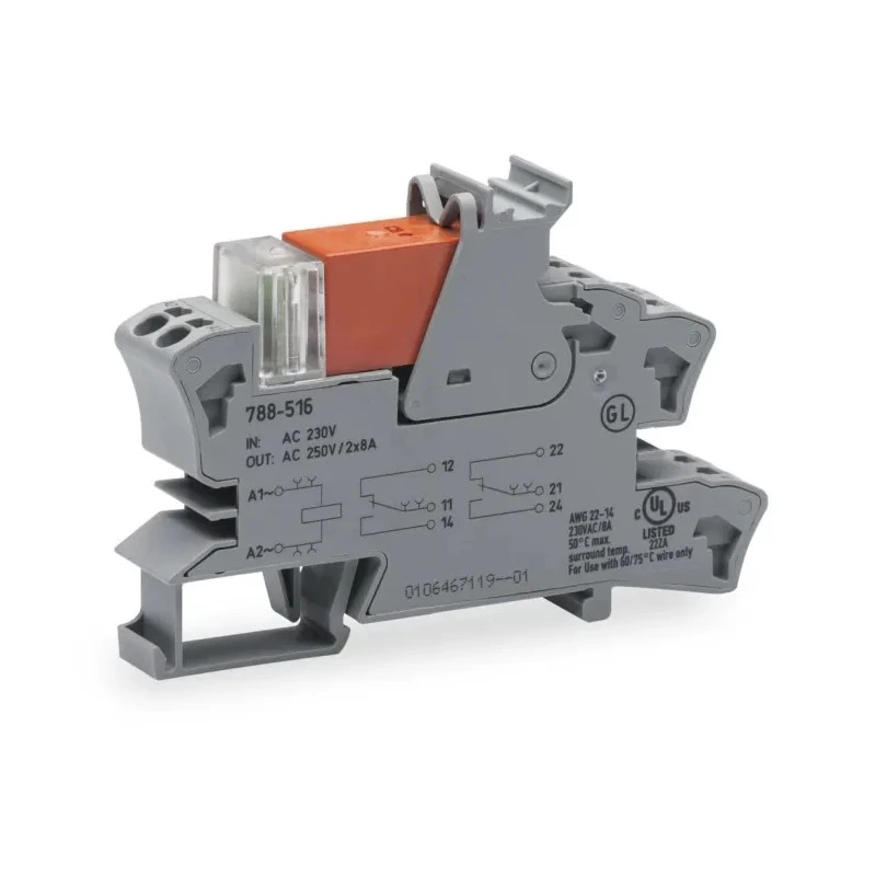 WAGO Electromechanical Interface Relay, DIN Rail Mount, 24V ac Coil, DPDT Contact Configuration, Silver Alloy 788-512