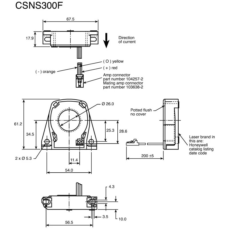 Honeywell Technologies CSN Series Current Sensor 600A 1:2000 Turns Ratio 15V Supply Voltage 26mm Bore CSNS300F