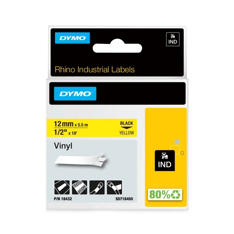 Dymo Industrial Strength Black on Yellow Label Printer Tape 12 mm Width 5.5 m Length 18432