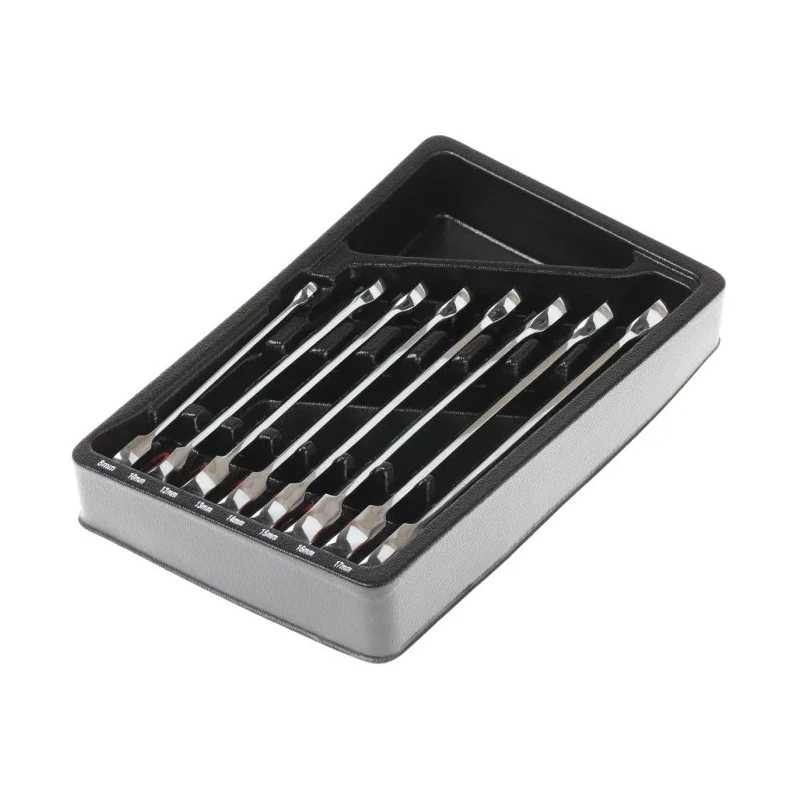 RS PRO 8-Piece Ratchet Spanner Set, Sizes 8 to 17 mm, Chrome Vanadium Steel, Mirror Finish 480-6795