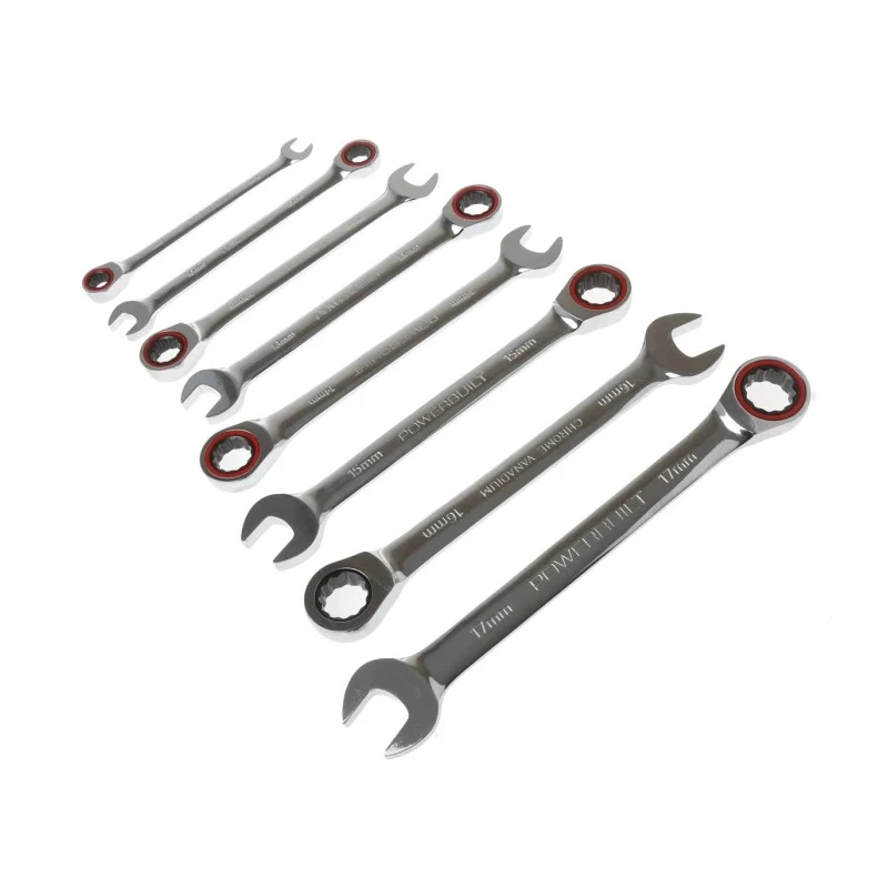 RS PRO 8-Piece Ratchet Spanner Set, Sizes 8 to 17 mm, Chrome Vanadium Steel, Mirror Finish 480-6795