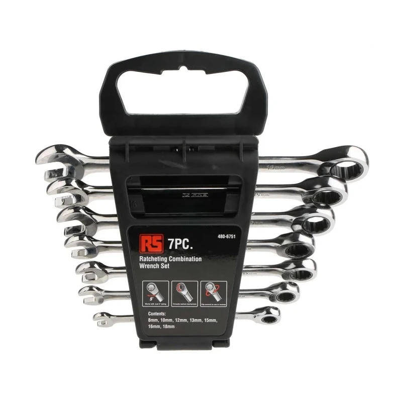 RS PRO 7-Piece Ratchet Spanner Set, Chrome Vanadium Steel, Metric Sizes 8 To 18 mm 480-6751