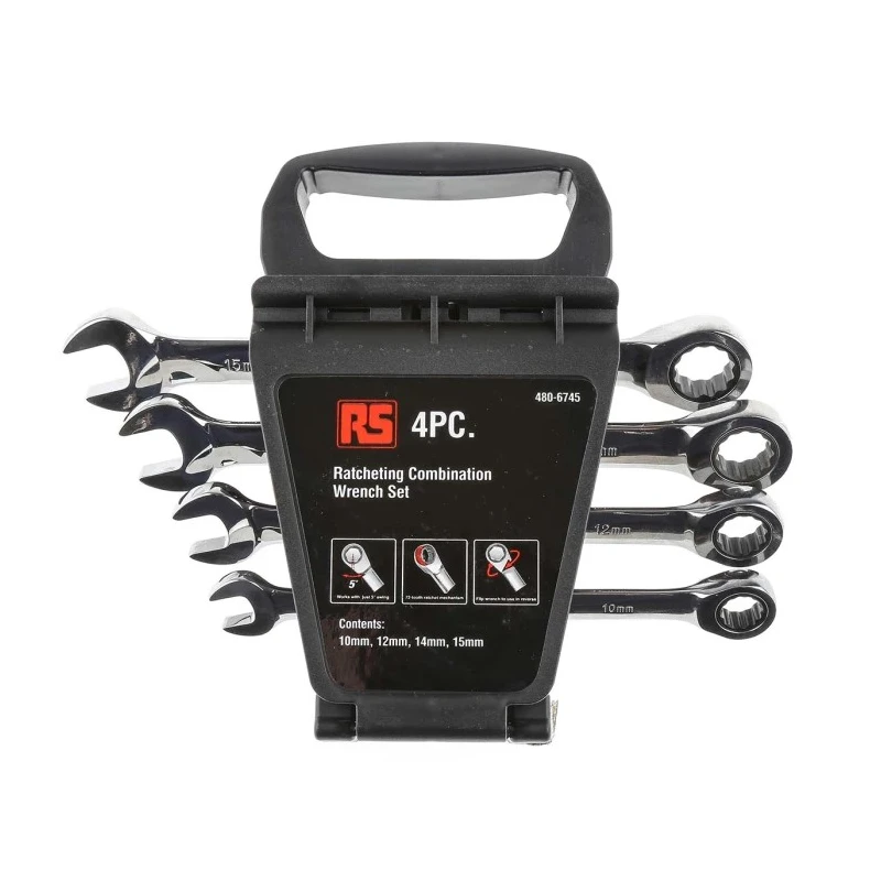RS PRO 4-Piece Ratchet Spanner Set, 10 To 15 mm, Chrome Vanadium Steel, Chrome Finish 480-6745