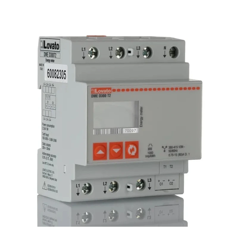 Lovato Electric 3 Phase Energy Meter with LCD Display DMED300T2, Class 1 Accuracy, 58mm Depth, Programmable Outputs