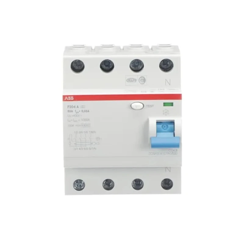 ABB F200 Series Residual Current Circuit Breaker 63A 4-Pole 30 mA Type A 1 kA 400V AC 2CSF204101R1630 - F204A-63/0.03