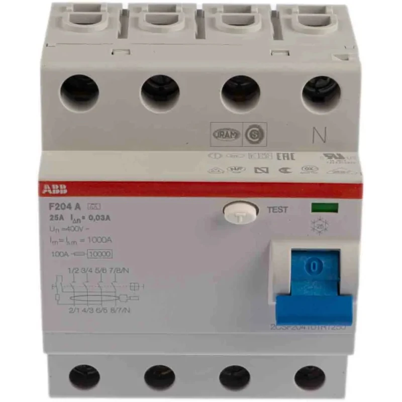 ABB Residual Current Circuit Breaker 25A, 4-Pole, 30mA Trip Sensitivity, Type A, 0.03 A 2CSF204101R1250 - F204A-25/0.03