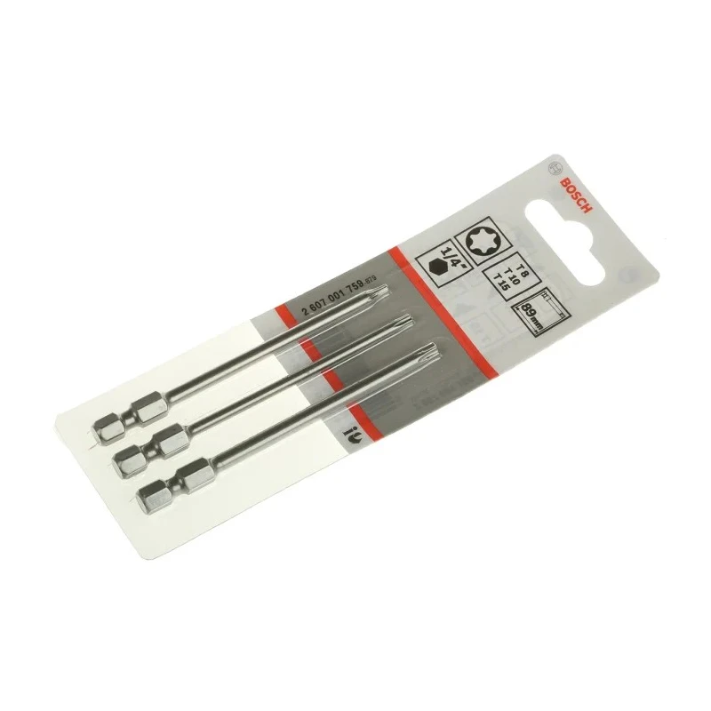 Bosch Hex, Torx Screwdriver Bit Set, 3 Pieces, Sizes T8 T10 T15, 89mm Length, Hex Drive 2607001759