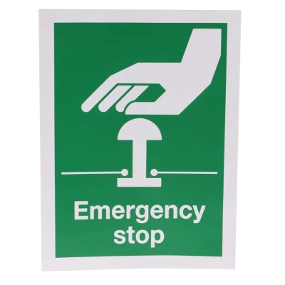 RS PRO Safe Conditions Sign Vinyl Emergency Stop Green, White 150x200mm 492-0740