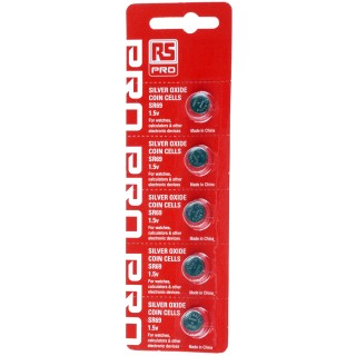RS PRO Silver Oxide Button Battery 1.55 V, 9.5 mm Diameter, 44 mAh, Pack of 5 494-2374