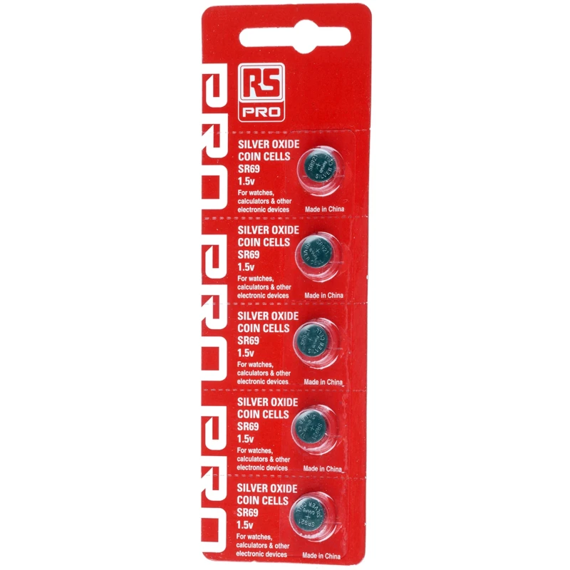 RS PRO Silver Oxide Button Battery 1.55 V, 9.5 mm Diameter, 44 mAh, Pack of 5 494-2374