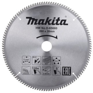Makita Circular Saw Blade, 260 mm Diameter, 120 Teeth TCG, Straight Cut, 1.8mm Plate Thickness, 2.6mm Kerf D-65660