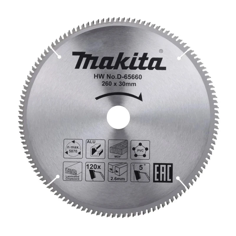 Makita Circular Saw Blade, 260 mm Diameter, 120 Teeth TCG, Straight Cut, 1.8mm Plate Thickness, 2.6mm Kerf D-65660