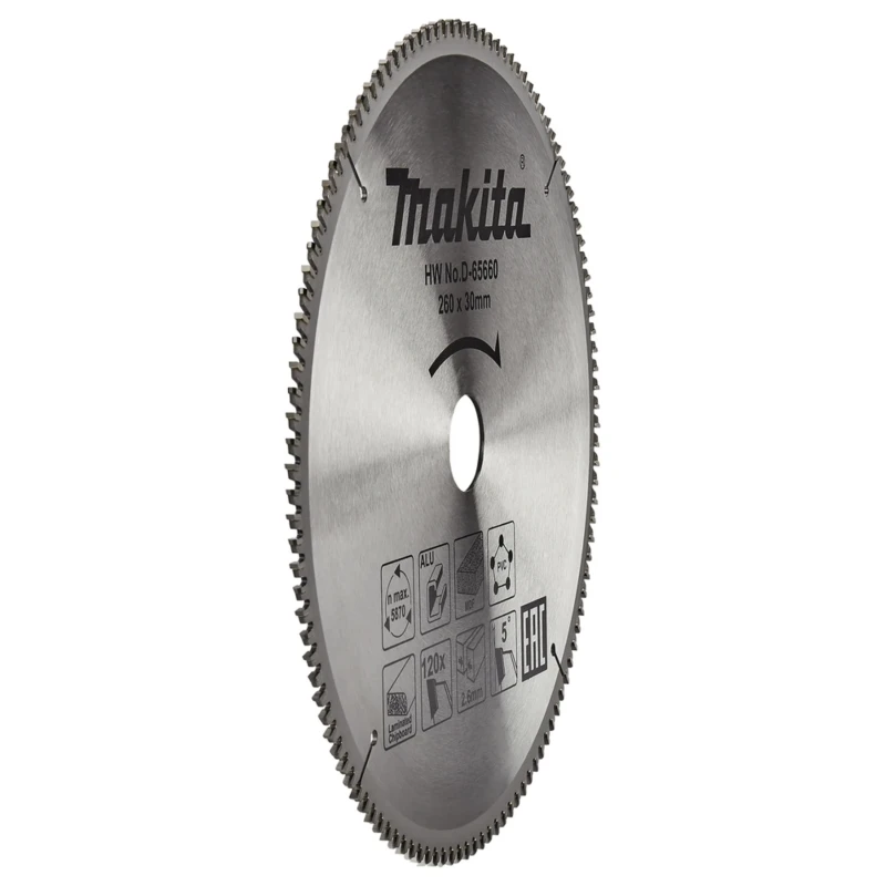 Makita Circular Saw Blade, 260 mm Diameter, 120 Teeth TCG, Straight Cut, 1.8mm Plate Thickness, 2.6mm Kerf D-65660