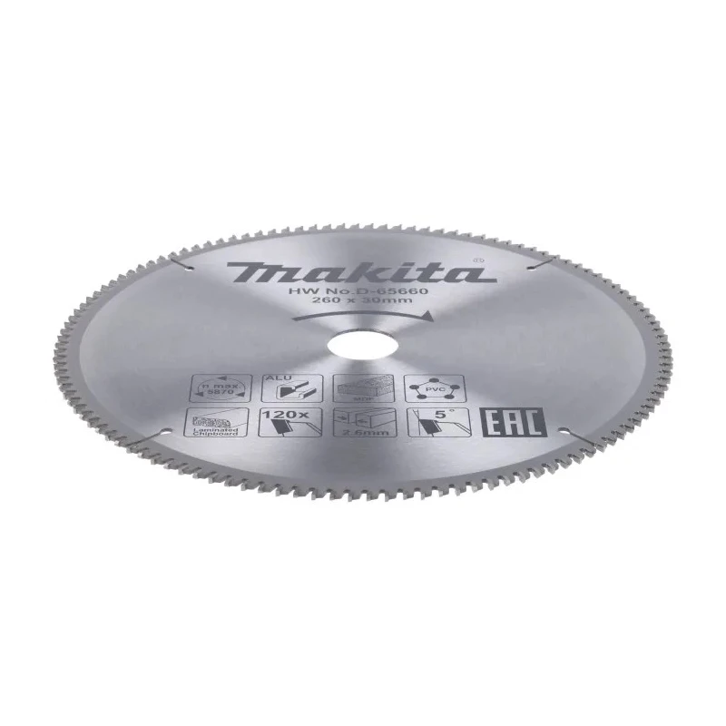 Makita Circular Saw Blade, 260 mm Diameter, 120 Teeth TCG, Straight Cut, 1.8mm Plate Thickness, 2.6mm Kerf D-65660