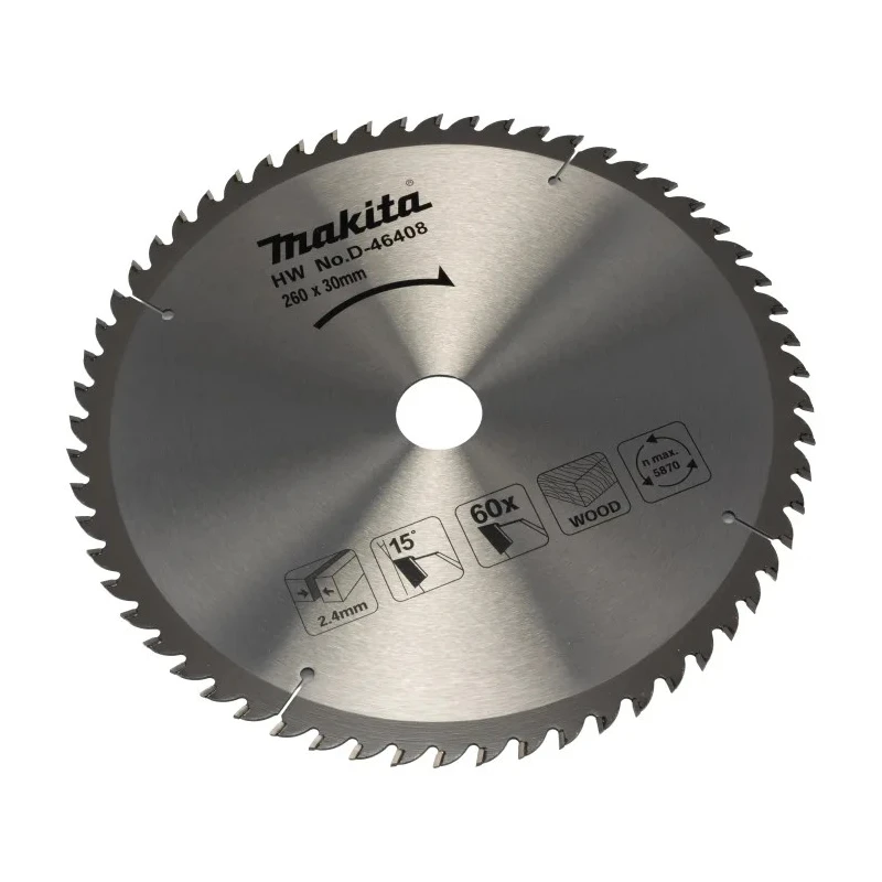 Makita Circular Saw Blade 60 Teeth Fast Coarse Cut Wood 260mm Diameter, 1.8mm Plate Thickness D-46408