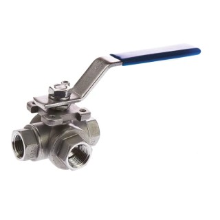 RS PRO Stainless Steel Threaded 3-Way BSPP Ball Valve 1/2 in Port, 68 bar, AISI 304 Handle 499-1944