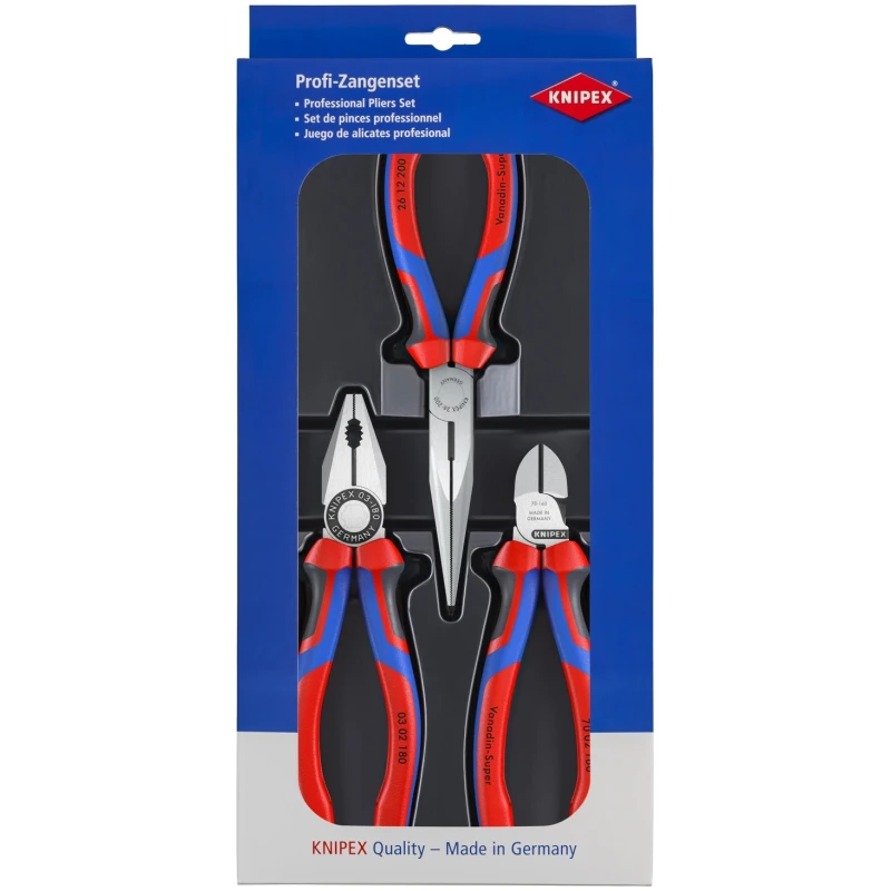 Knipex 3-Piece Plier Set Combination Pliers, Diagonal Cutters, Needle Nose Pliers 00 20 11