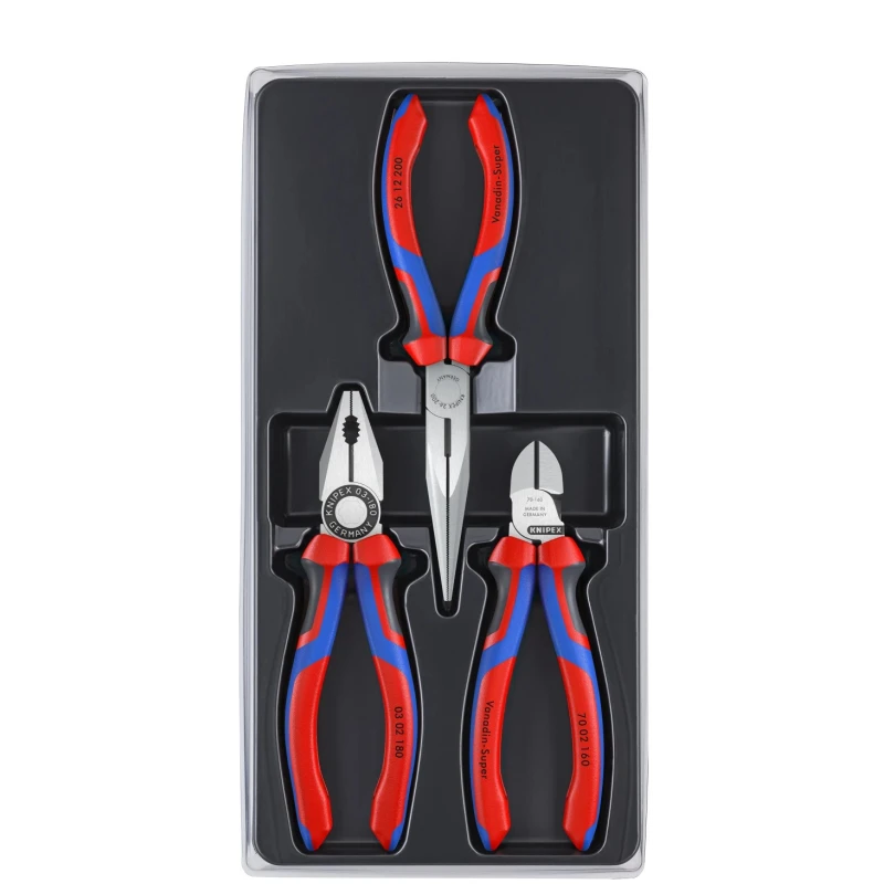 Knipex 3-Piece Plier Set Combination Pliers, Diagonal Cutters, Needle Nose Pliers 00 20 11
