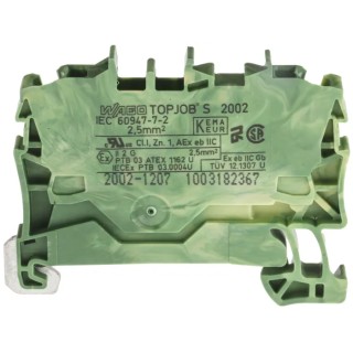 WAGO TOPJOB S 2002 Series Earth Terminal Block Green Yellow 2 Positions 2.5mm² 800V 24A Cage Clamp IECEx ATEX 2002-1207