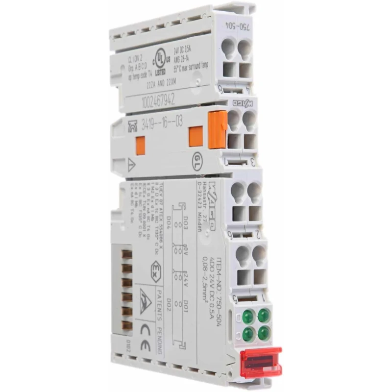 WAGO PLC I/O Module Digital 4 I/Os, DIN Rail Mount, 24VDC, 0.5A Relay Output, CJ Series 750504