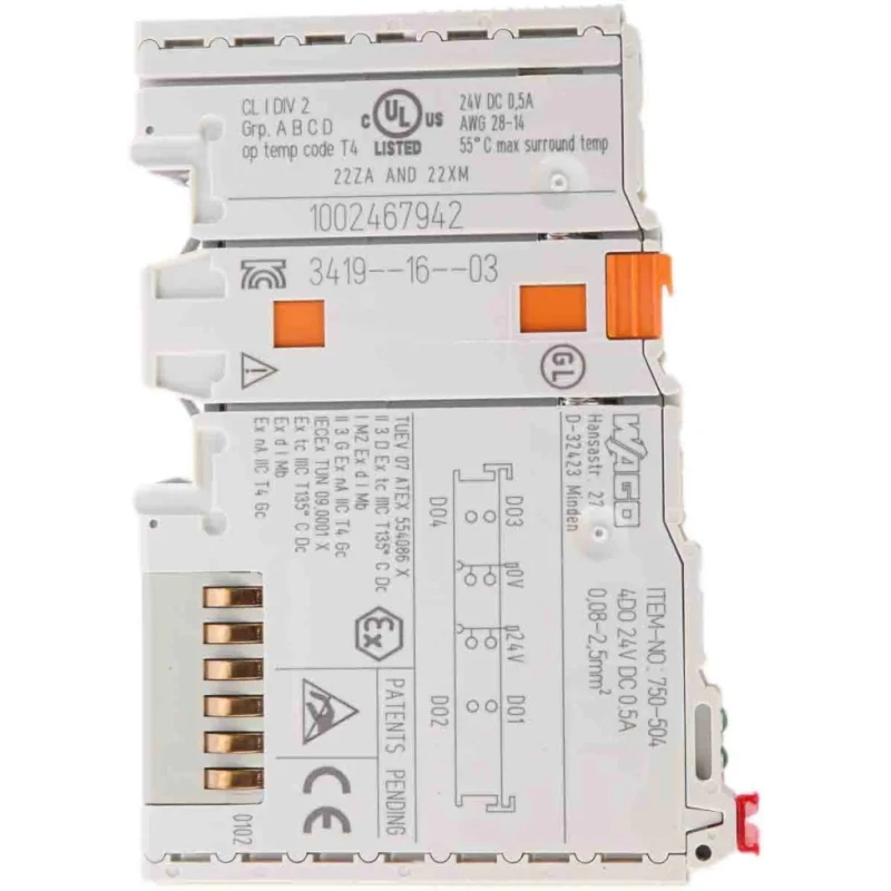 WAGO PLC I/O Module Digital 4 I/Os, DIN Rail Mount, 24VDC, 0.5A Relay Output, CJ Series 750504