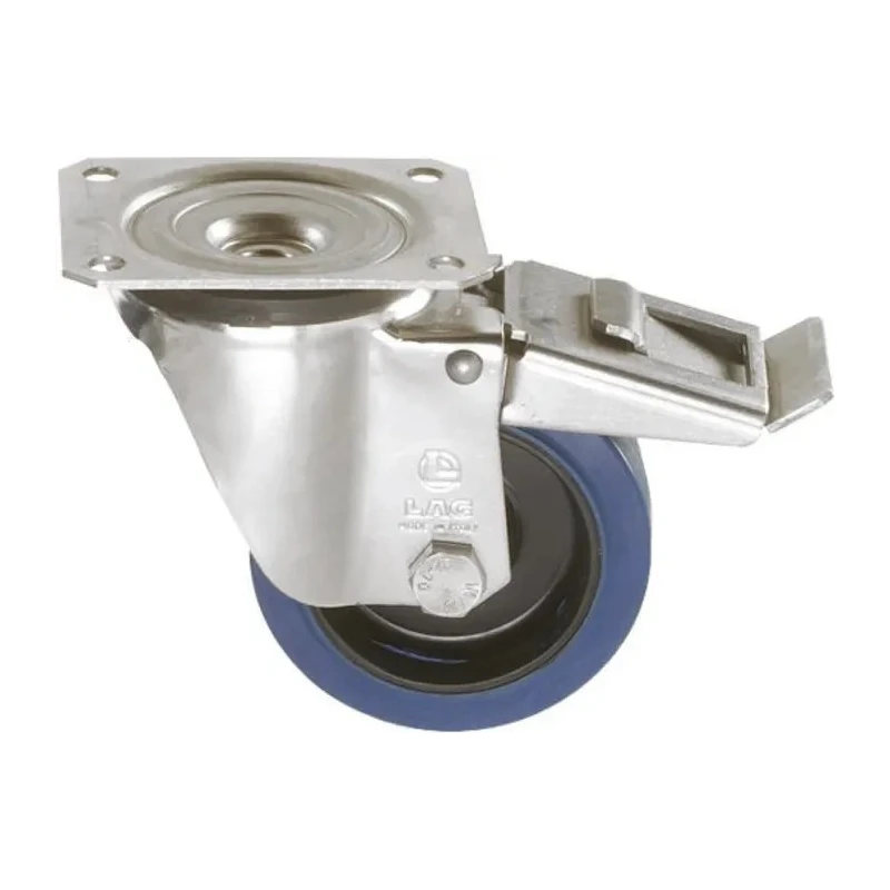 LAG Braked Swivel Castor with Rubber Wheel 100 mm Diameter, 150 kg Load Capacity, Stainless Steel Frame 31123BFR