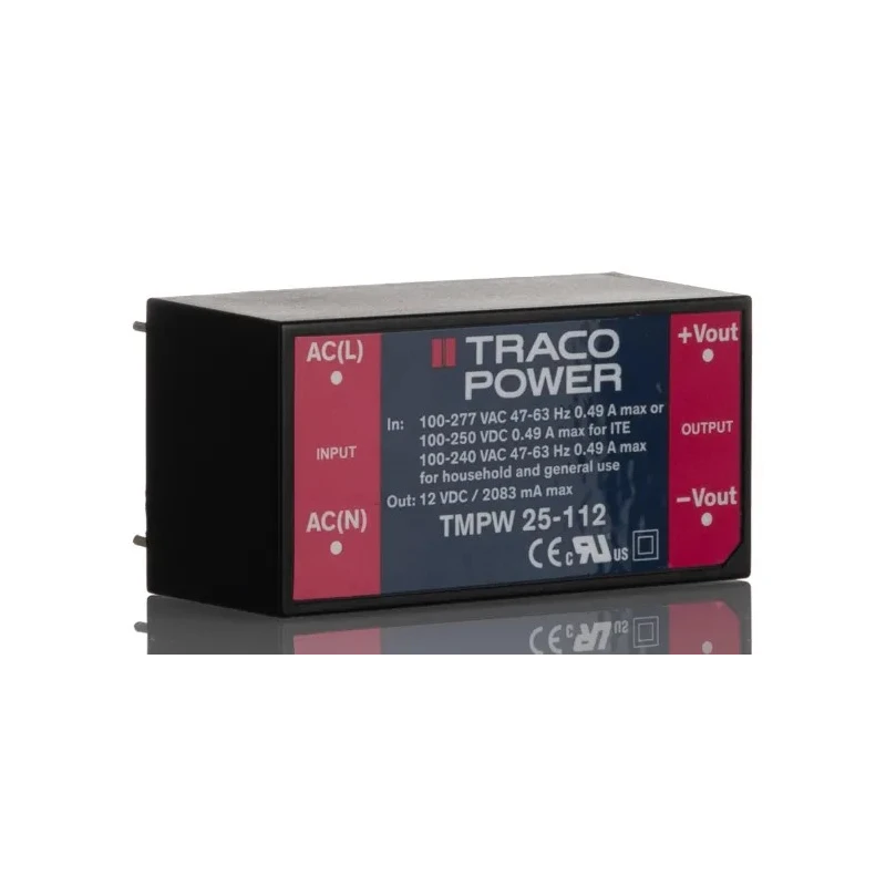 TRACOPOWER Switching Power Supply 12V DC 25W 90-305V AC Input PCB Mount TMPW 25-112