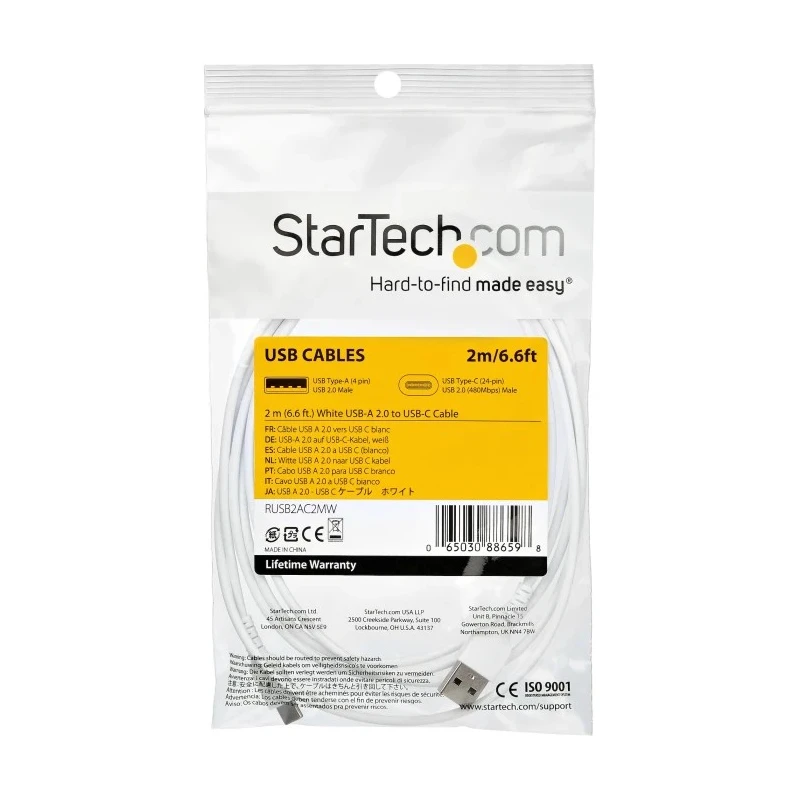 StarTech.com USB 2.0 Male USB Type A to Male USB Type C Cable White 2m RUSB2AC2MW