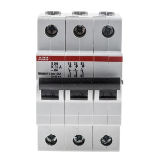 ABB System Pro M Compact S200 Miniature Circuit Breaker, 3-Pole, 32A, Type K, 440V AC, 20kA 2CDS253001R0537 S203-K32
