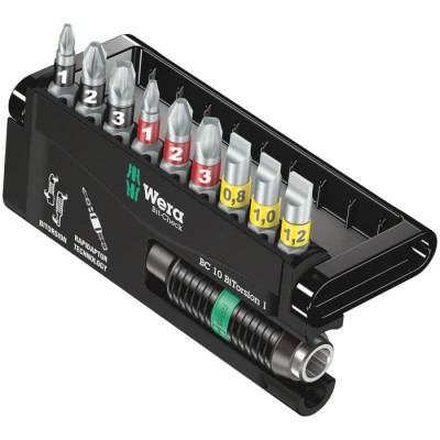 Wera Hex, Hex, Phillips, Pozidriv, Slotted Screwdriver Bit Set 10 Pieces 1/4" Drive 75mm BiTorsion 05056374001