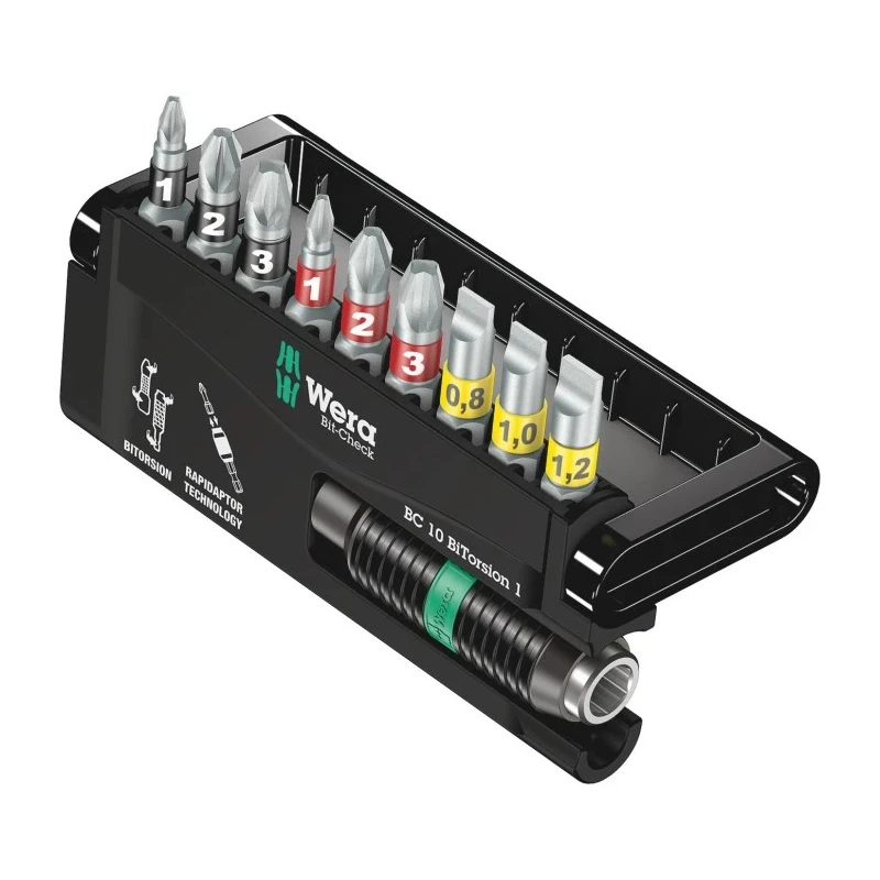 Wera Hex, Hex, Phillips, Pozidriv, Slotted Screwdriver Bit Set 10 Pieces 1/4" Drive 75mm BiTorsion 05056374001