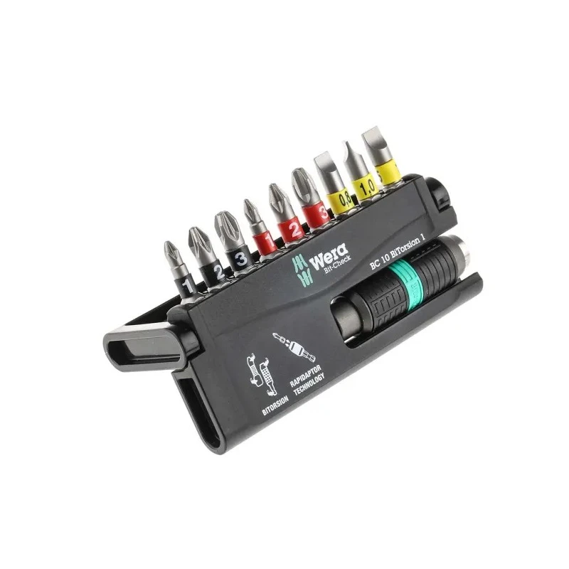 Wera Hex, Hex, Phillips, Pozidriv, Slotted Screwdriver Bit Set 10 Pieces 1/4" Drive 75mm BiTorsion 05056374001