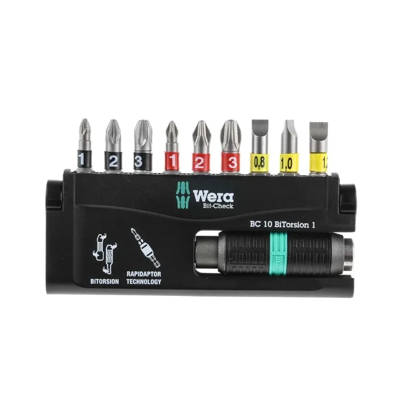 Wera Hex, Hex, Phillips, Pozidriv, Slotted Screwdriver Bit Set 10 Pieces 1/4" Drive 75mm BiTorsion 05056374001