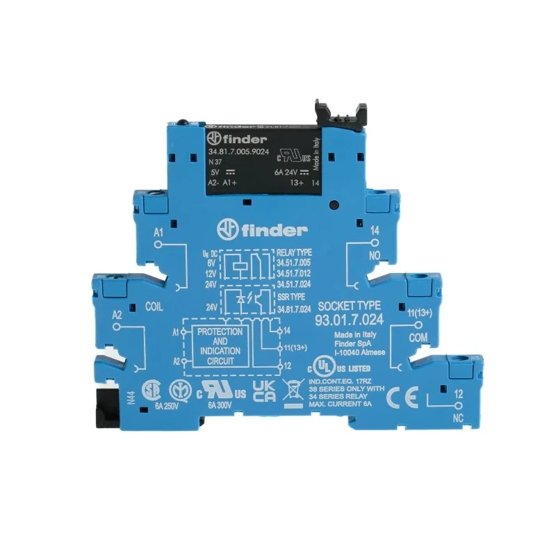 Finder 38 Series Interface Relay DIN Rail Mount 6V dc Coil SPST Contact Configuration 7mA Coil Current 6A 38.81.7.006.9024