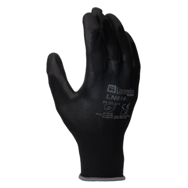 Liscombe LN6 Black Polyamide Work Gloves with Polyurethane Coating, Size 10, 12 Gloves per Pack LN614-10