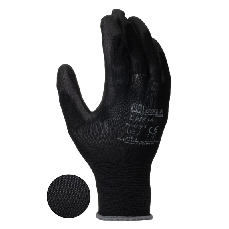Liscombe LN6 Black Polyamide Work Gloves with Polyurethane Coating, Size 10, 12 Gloves per Pack LN614-10