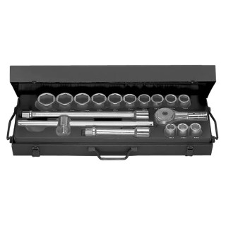 Facom 14-Piece 3/4 in Hexagon Socket Set K.415E, Chrome Vanadium Steel, Bright Chrome Finish, Metric Sizes 22-42 mm