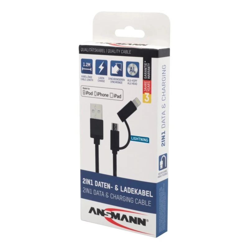 Ansmann IC Socket USB Cable Male USB Type A to Female Lightning, Micro USB Type B, USB Type C Black 1.2m 1700-0136
