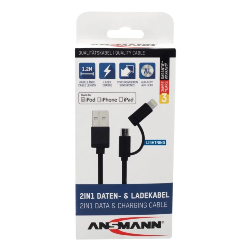 Ansmann IC Socket USB Cable Male USB Type A to Female Lightning, Micro USB Type B, USB Type C Black 1.2m 1700-0136